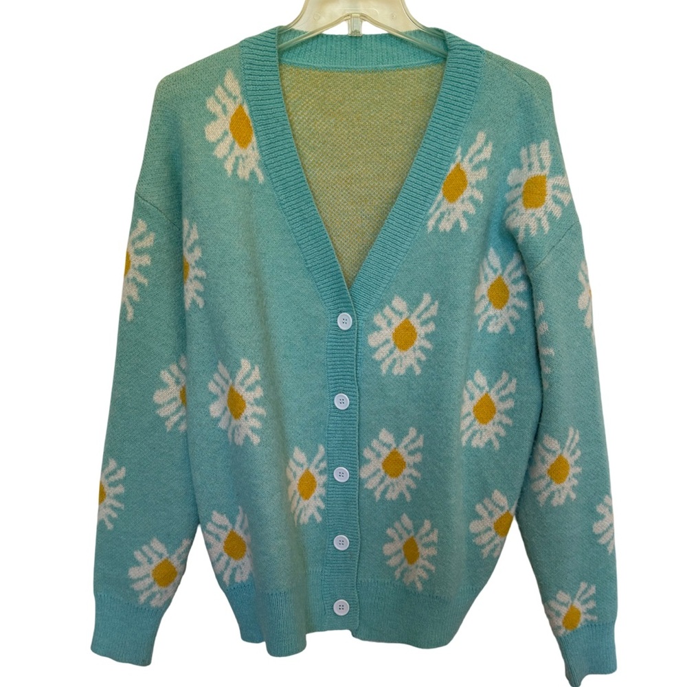 Vintage Teal and White Floral Cardigan